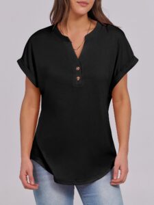 ANRABESS Womens Short Sleeve Henley Tops V Neck Dressy Casual Loose Fit Shirts Summer Flowy Blouses 2025 Trendy Clothes